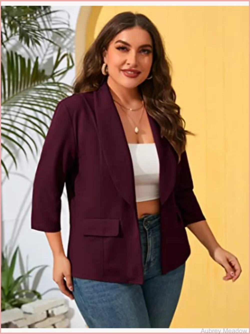 Plus Size Pocketed Blazer 3/4 Sleeve Open Front Casual Suit Jacket